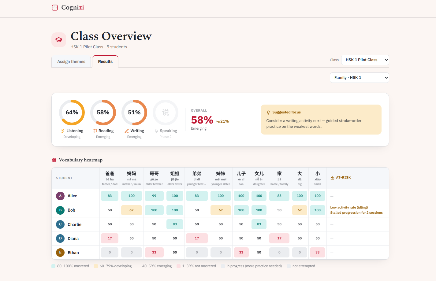 The Cognizi teacher dashboard — skill rings, a vocabulary mastery heatmap and at-risk flags.